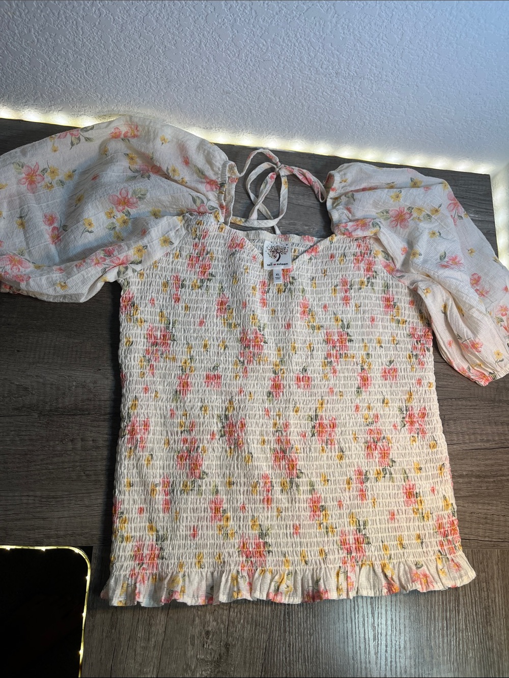 Self Esteem Cream Smocked Floral Puff-Sleeve Top with Pink & Yellow Flowers